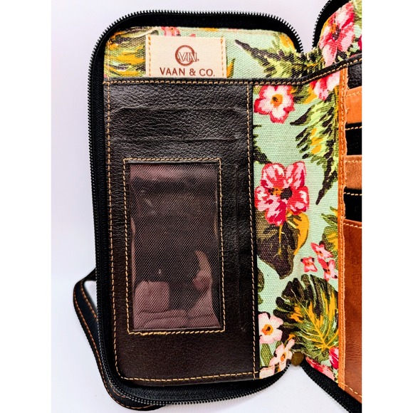 Vaan & Co Upcycled Leather Tropical Floral Crossbody Wallet Bag Yellow Black - Picture 10 of 15